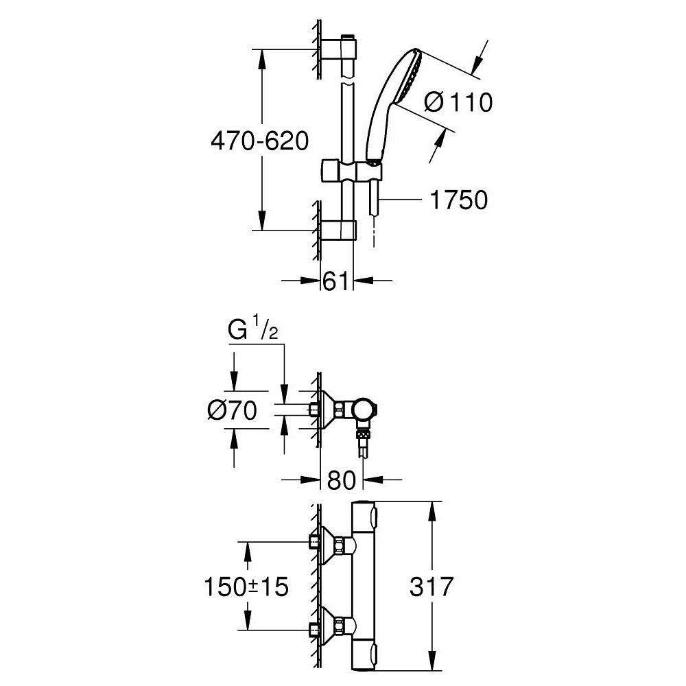 Grohe Grohtherm 500 Baterie dus cu termostat si set de dus cu bara 62 cm, crom