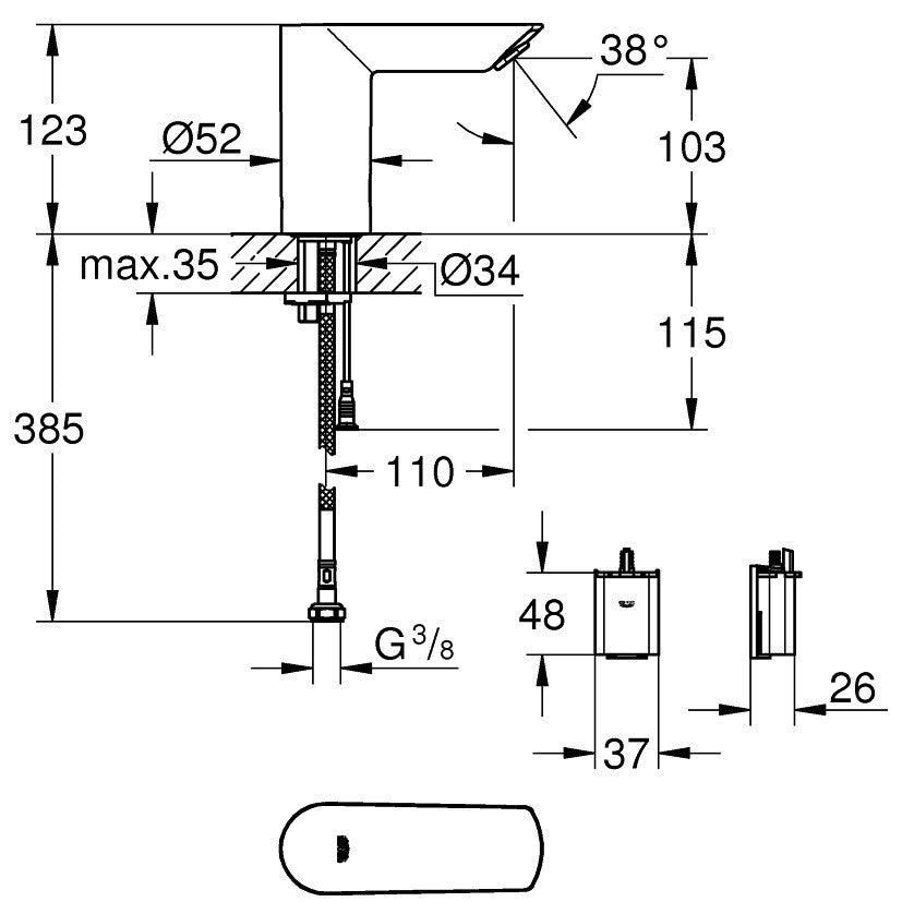 Grohe Bau Cosmopolitan E Baterie lavoar electronica fara mixare apa, alimentare baterii