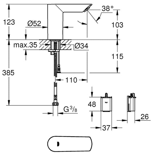 Grohe Bau Cosmopolitan E Baterie lavoar electronica fara mixare apa, alimentare baterii