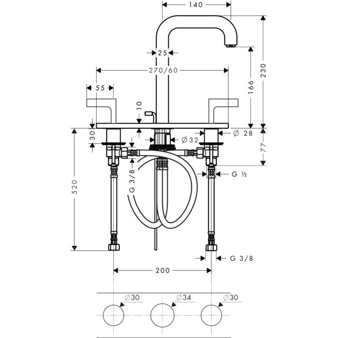 Baterie lavoar Hansgrohe Axor Citterio 170, dubla comanda, cu suport si ventil pop-up, manere tip L