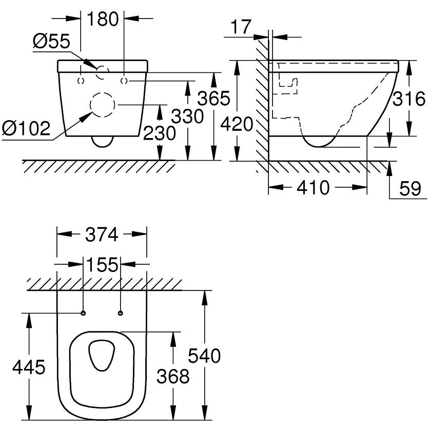 Vas WC suspendat Grohe Euro Ceramic Rimless 37x54 cm evacuare orizontala