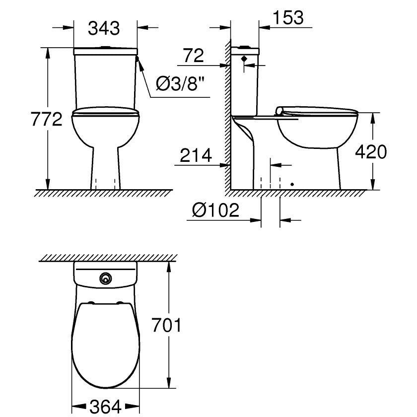 Set Vas WC pe pardoseala cu rezervor aparent si capac soft close Grohe Bau Ceramic Rimless 36x70 cm evacuare verticala