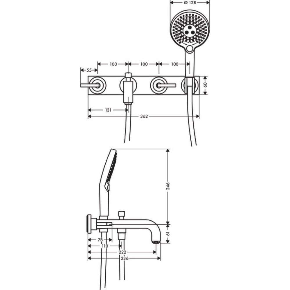 Hansgrohe Axor Citterio Baterie cada dus cu 3 gauri cu placa, montaj pe perete, manere drepte