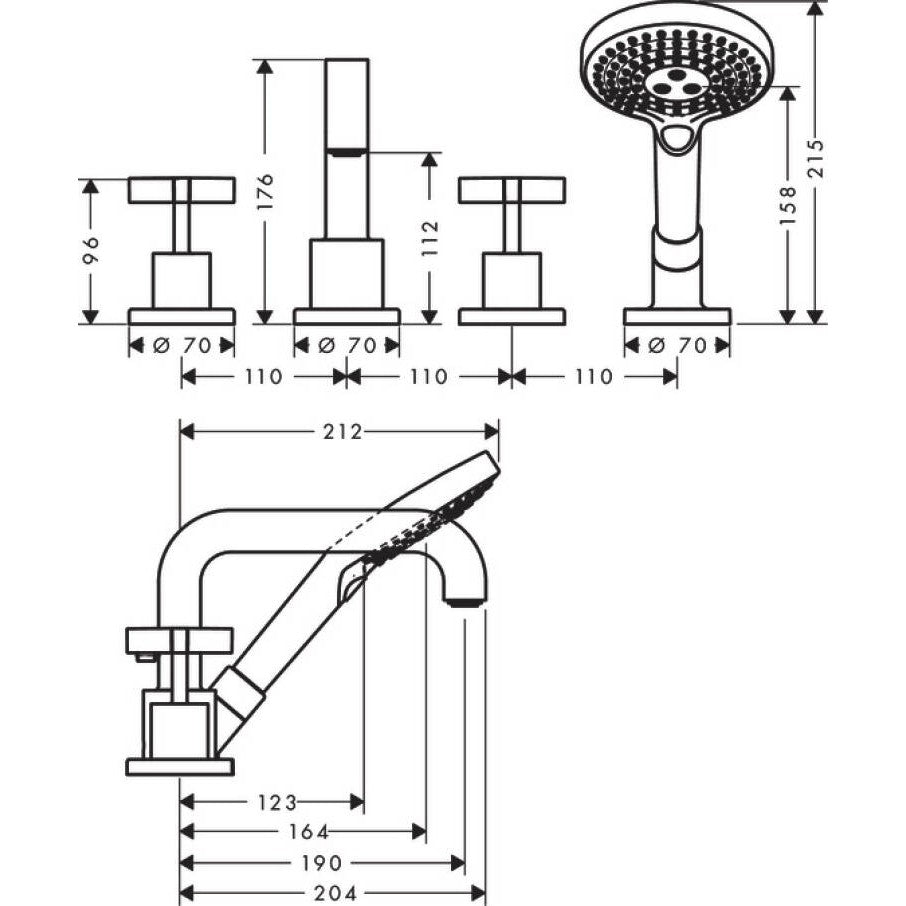 Hansgrohe Axor Citterio Baterie cada dus cu 4 gauri, montaj langa cada, manere cruce