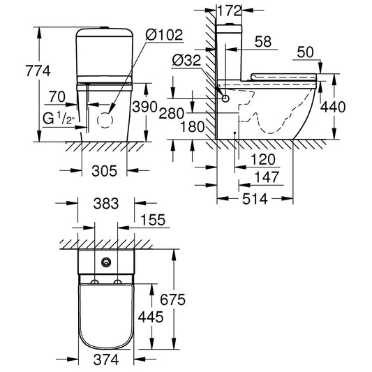 Set Vas WC pe pardoseala cu rezervor aparent si capac soft close Grohe Euro Ceramic Rimless 38x68 cm evacuare orizontala