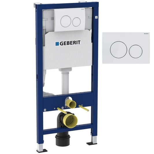 Set Promo Vas WC suspendat cu rezervor incastrat, clapeta de actionare alba, capac soft close, Geberit Delta si Fluminia Minerva 36x53 cm