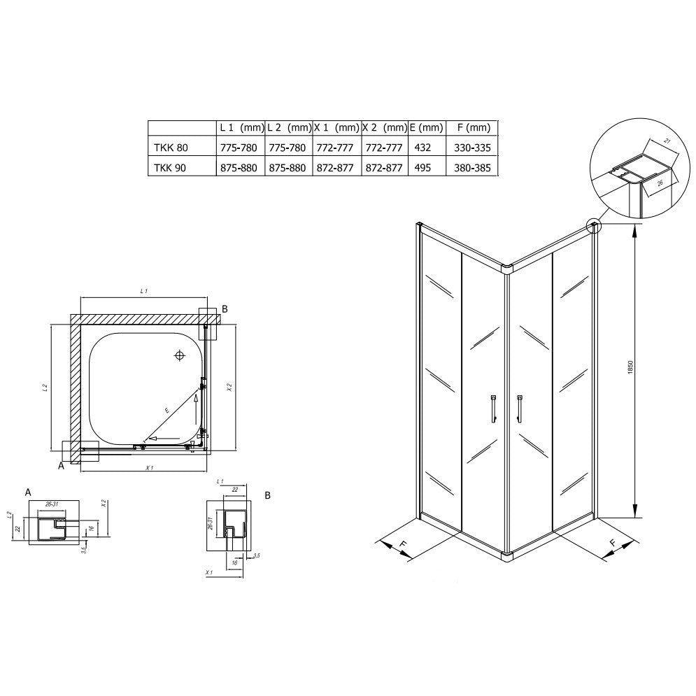 Cabina dus patrata cu usi glisante Kolpa San Eco Quat TKK 80x80 cm, profil crom