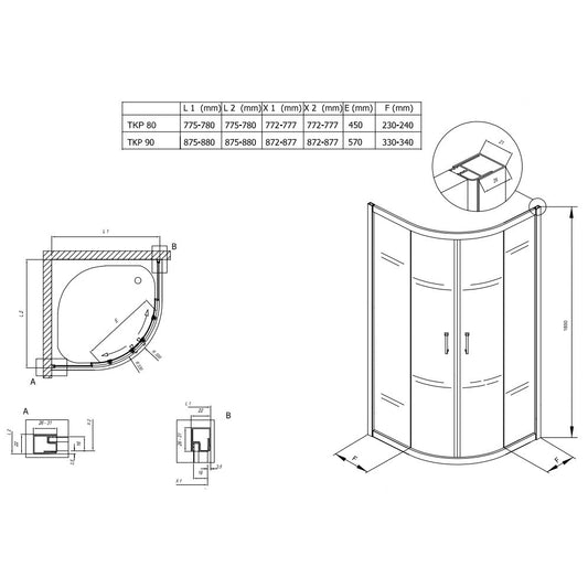 Cabina dus semirotunda cu usi glisante Kolpa San Eco Quat TKP 90x90 cm, profil crom