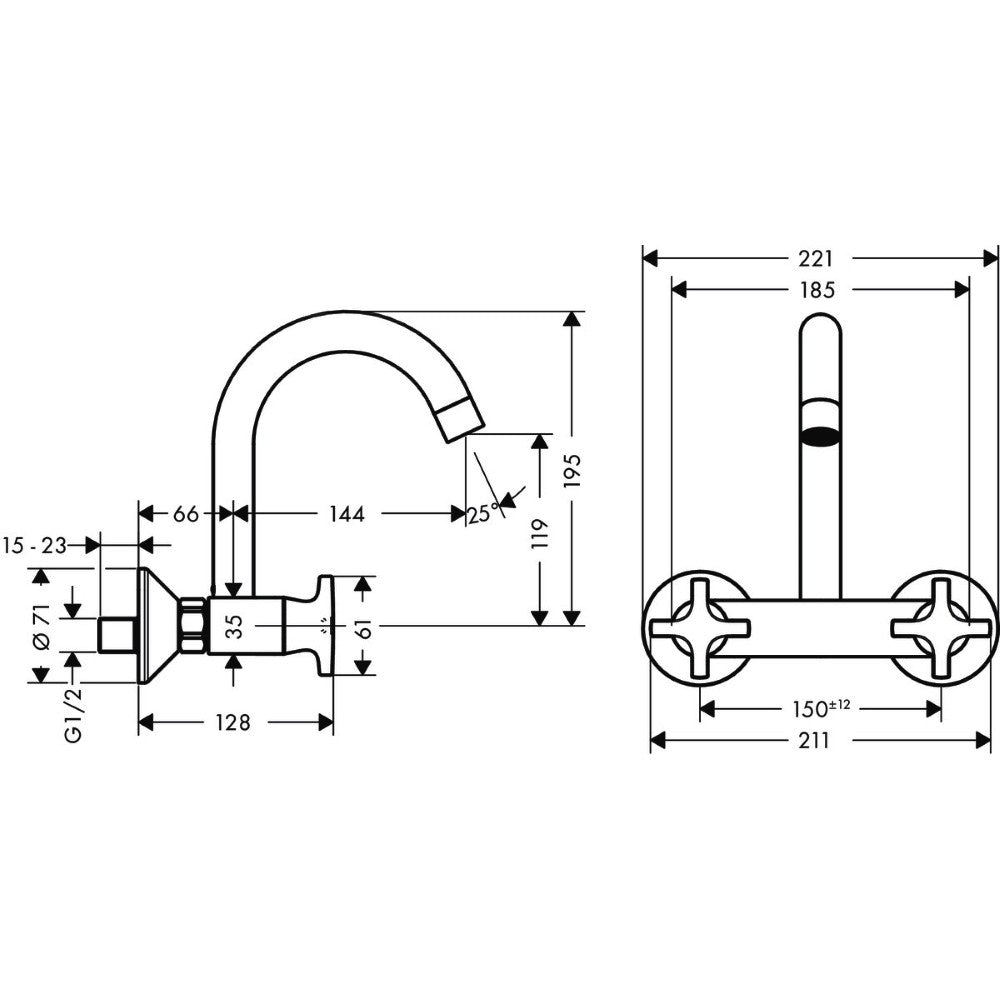 Hansgrohe Logis M32 Baterie chiuveta bucatarie dubla comanda cu pipa U, montaj pe perete, crom