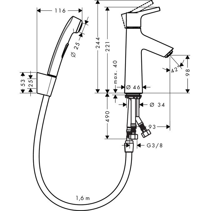 Baterie lavoar cu dus igienic Hansgrohe Talis S, cu ventil click-clack