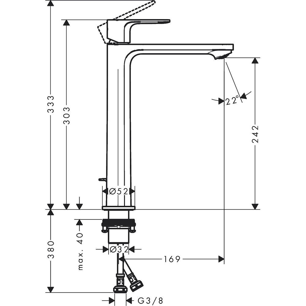 Baterie lavoar pe blat Hansgrohe Rebris S, cu ventil metalic pop-up, negru mat