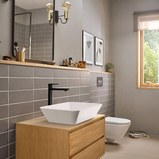 Baterie lavoar pe blat Hansgrohe Rebris E, cu ventil metalic pop-up, negru mat