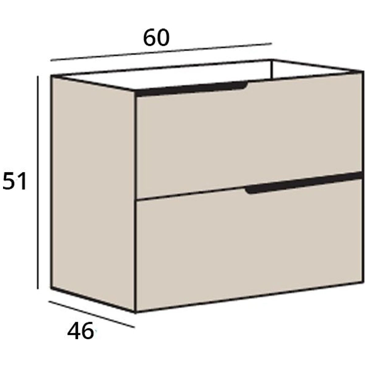 Fluminia Bari Masca lavoar baie suspendata cu 2 sertare 60x46xH51 cm, alb mat, cu blat - schita tehnica