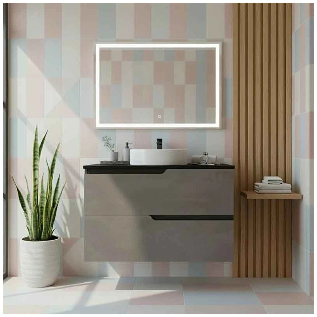 Fluminia Bari Masca lavoar baie suspendata cu 2 sertare 80x46xH51 cm, gri (urban grey), cu blat - ambient