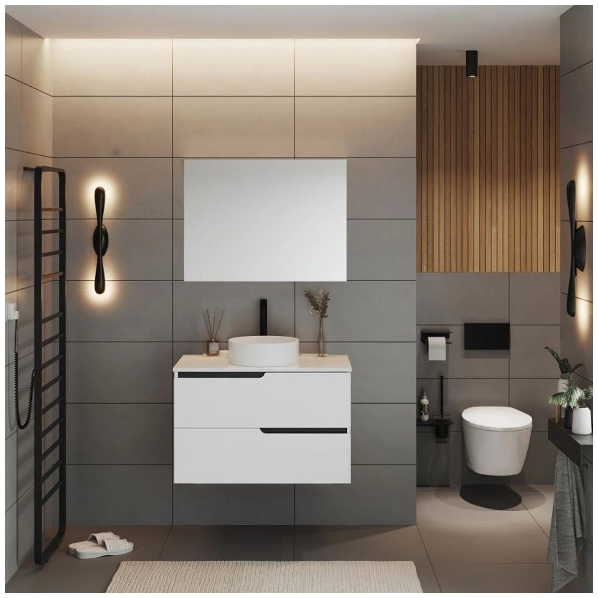Fluminia Bari Masca lavoar baie suspendata cu 2 sertare 80x46xH51 cm, alb mat, cu blat - ambient