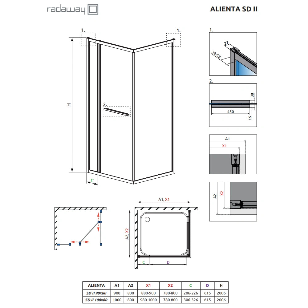 Cabina dus patrata cu usa glisanta Radaway Alienta SD II 100x80 cm, profil crom
