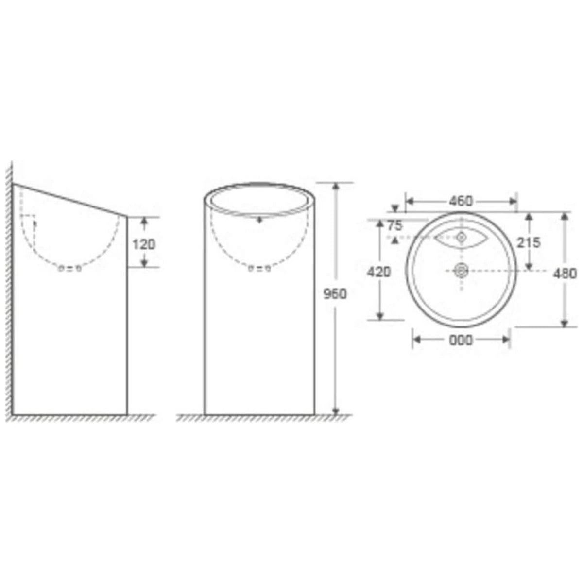 Lavoar baie freestanding Fluminia Jussac 48x46 cm - schita tehnica