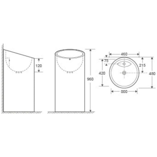 Lavoar baie freestanding Fluminia Jussac 48x46 cm - schita tehnica
