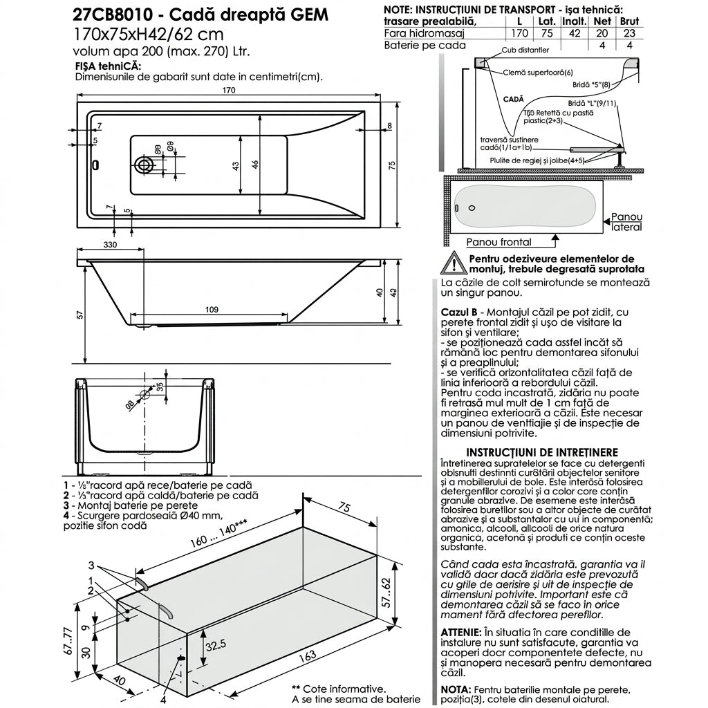 Cada baie dreptunghiulara Belform Gem acril 170x75 cm