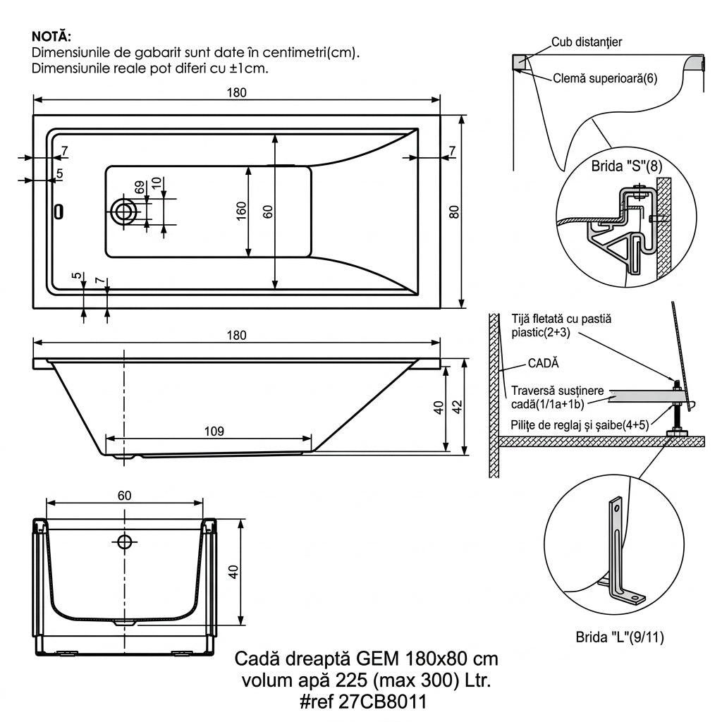 Cada baie dreptunghiulara Belform Gem acril 180x80 cm