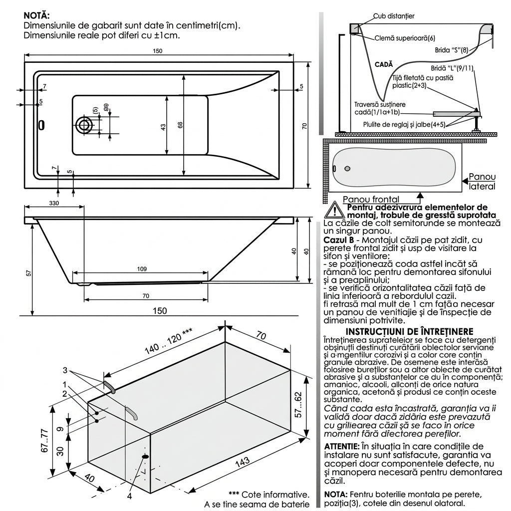 Cada baie dreptunghiulara Belform Gem acril 150x70 cm