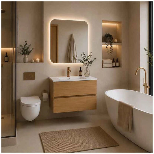 Fluminia Genova Masca lavoar baie suspendata cu 2 sertare 80x46xH50 cm, maro (rovere naturale), front neted - ambient