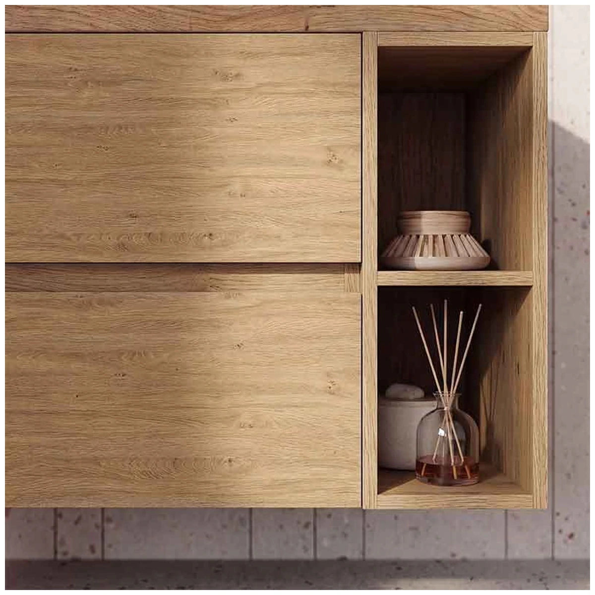 Fluminia Genova Masca lavoar baie suspendata cu 2 sertare 80x46xH50 cm, maro (rovere naturale), front neted - ambient