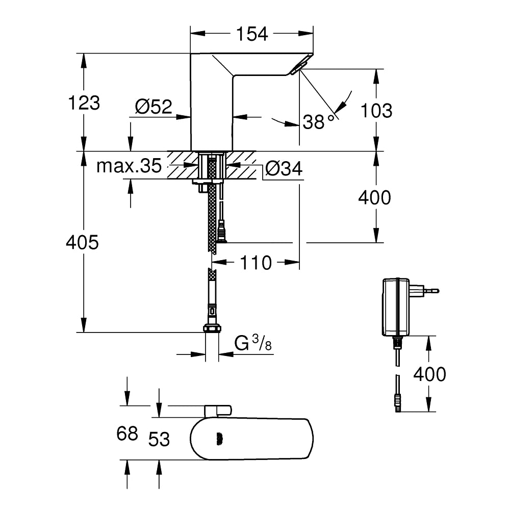 Grohe Bau Cosmopolitan E Baterie lavoar electronica cu mixare apa, alimentare 230V