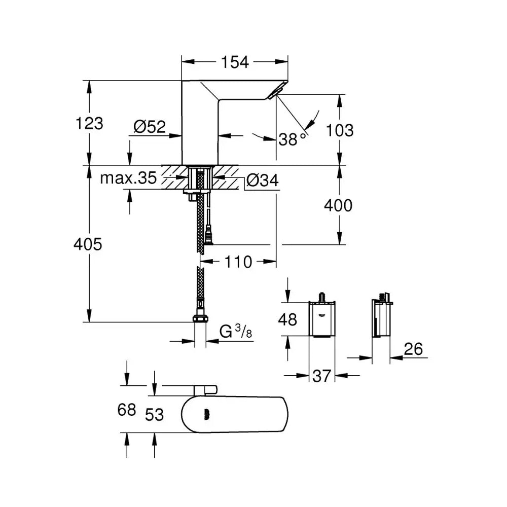 Grohe Bau Cosmopolitan E Baterie lavoar electronica cu mixare apa, alimentare baterii