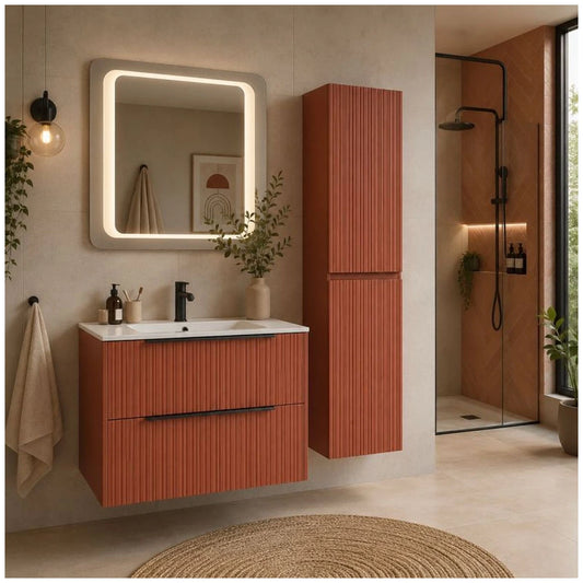 Fluminia Istria Masca lavoar baie suspendata cu 2 sertare 80x46xH50 cm, maro (mattone), front riflat, manere negre - ambient