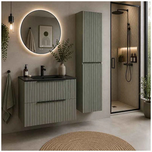 Fluminia Istria Masca lavoar baie suspendata cu 2 sertare 80x46xH50 cm, verde salvia, front riflat - ambient