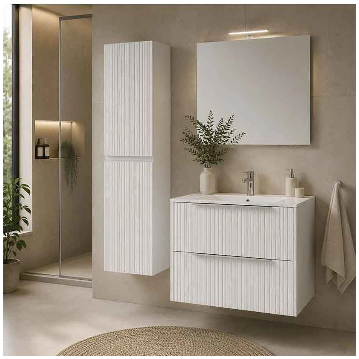 Fluminia Istria Masca lavoar baie suspendata cu 2 sertare 80x46xH50 cm, alb, front riflat, manere inox - ambient