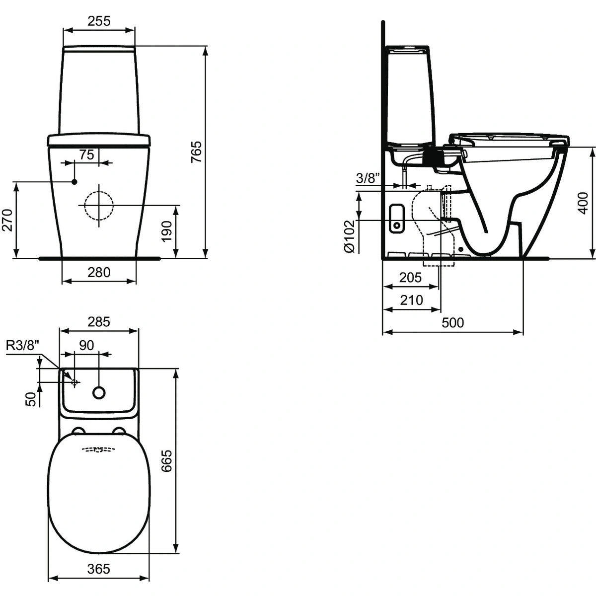 Vas WC cu bideu pe pardoseala Ideal Standard Connect 36x66 cm evacuare orizontala sau verticala