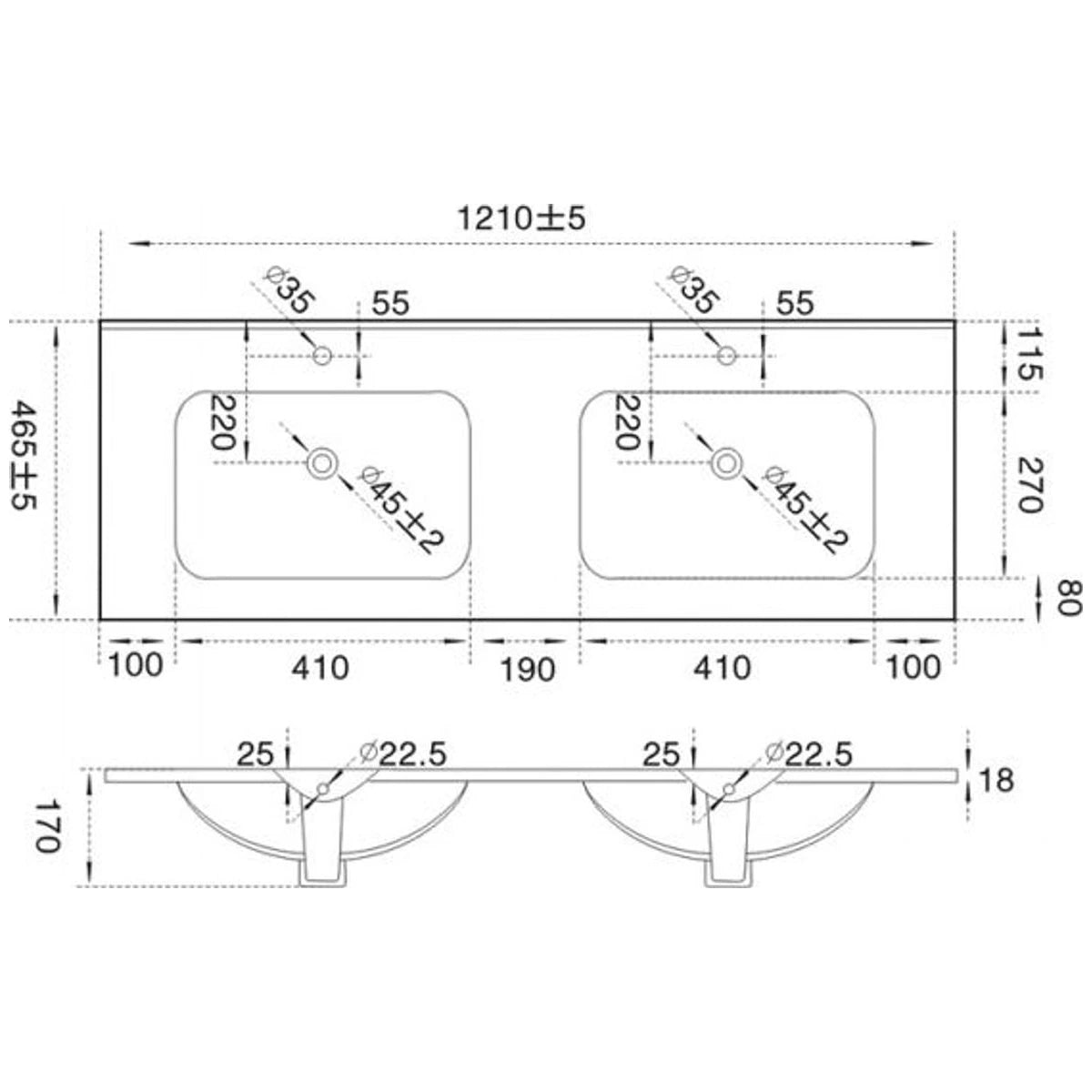 Chiuveta baie dubla incastrata Fluminia Siena 120x46 cm - schita tehnica