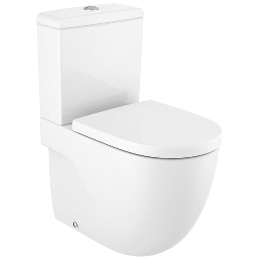 Set Vas WC pe pardoseala cu capac si bideu Roca Meridian Compact Rimless 36x60 cm evacuare orizontala sau verticala, lipit de perete