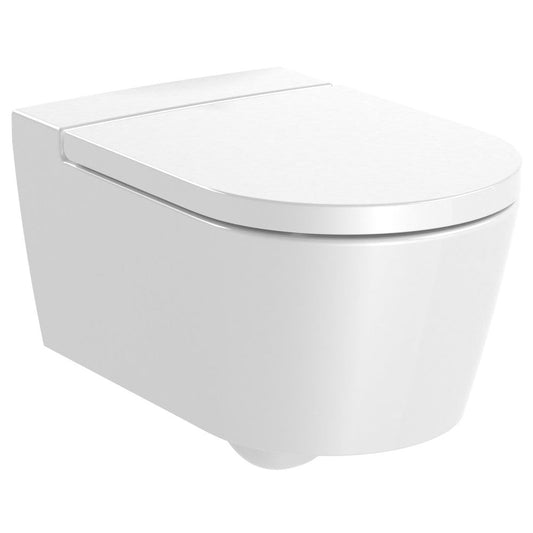 Set Vas WC suspendat cu capac soft close si bideu Roca Inspira Round Rimless 37x56 cm evacuare orizontala