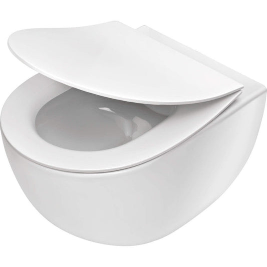 Set Vas WC suspendat cu capac soft close si bideu Deante Peonia Rimless 36x51 cm evacuare orizontala, alb