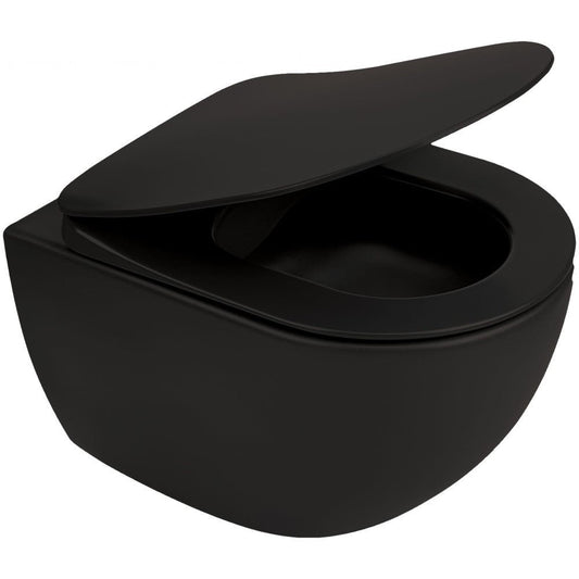 Set Vas WC suspendat cu capac soft close si bideu Deante Peonia Rimless 36x51 cm evacuare orizontala, negru