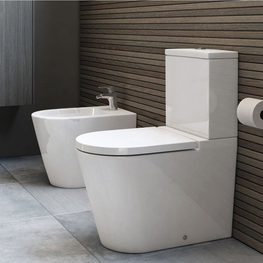 Set Vas WC pe pardoseala cu rezervor aparent si capac soft close Roca Inspira Round Rimless 37x65 cm evacuare orizontala sau verticala, alb