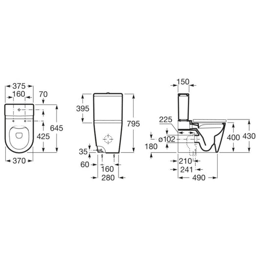 Set Vas WC pe pardoseala cu rezervor aparent si capac soft close Roca Inspira Round Rimless 37x65 cm evacuare orizontala sau verticala, bej