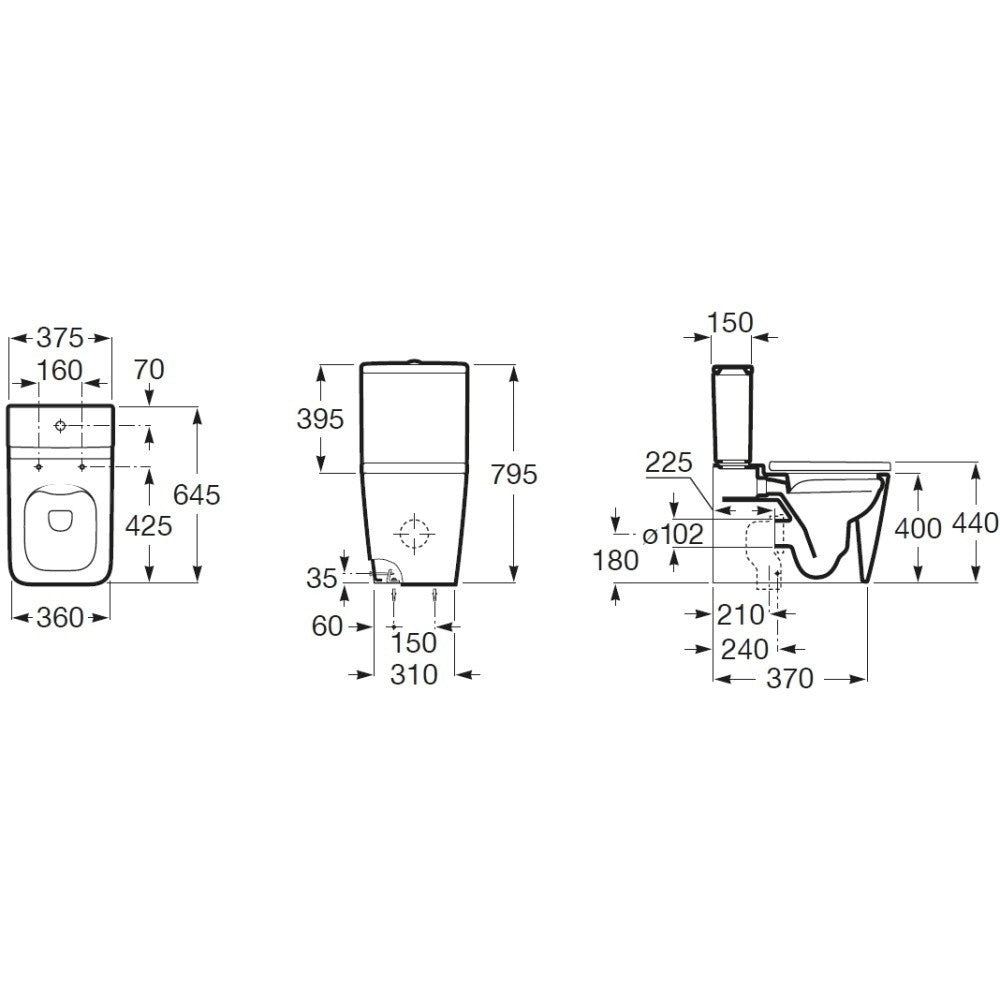 Set Vas WC pe pardoseala cu rezervor aparent si capac soft close Roca Inspira Square Rimless 36x65 cm evacuare orizontala sau verticala, alb