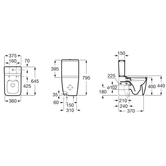 Set Vas WC pe pardoseala cu rezervor aparent si capac soft close Roca Inspira Square Rimless 36x65 cm evacuare orizontala sau verticala, bej