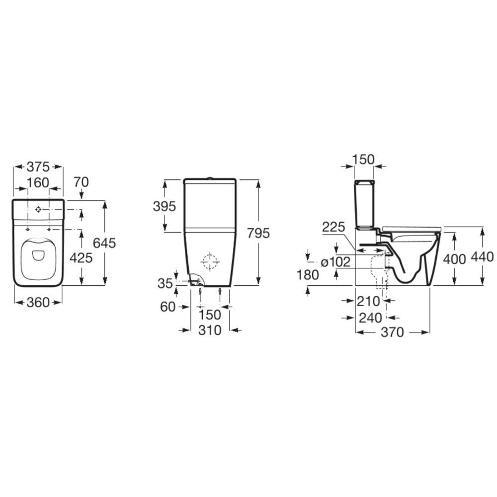 Set Vas WC pe pardoseala cu rezervor aparent si capac soft close Roca Inspira Square Rimless 36x65 cm evacuare orizontala sau verticala, antracit (onyx)