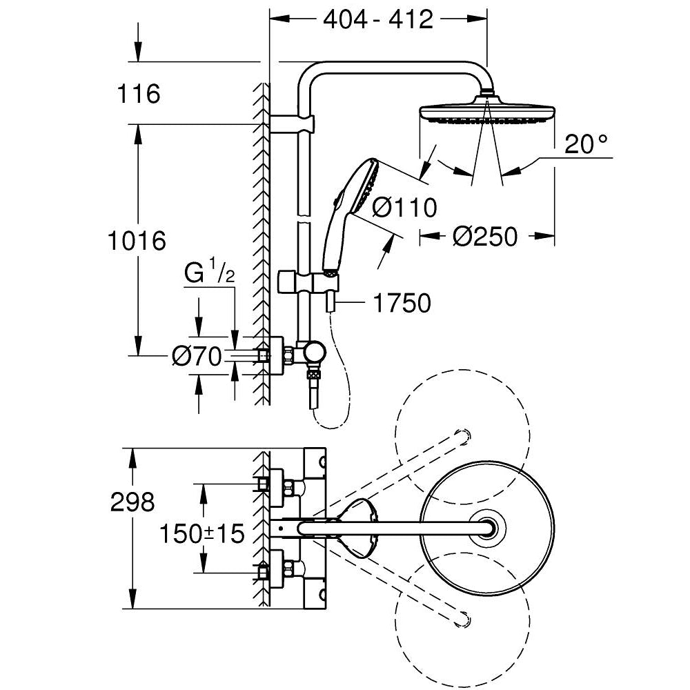Coloana dus cu baterie si termostat Grohe Tempesta System 250, negru mat