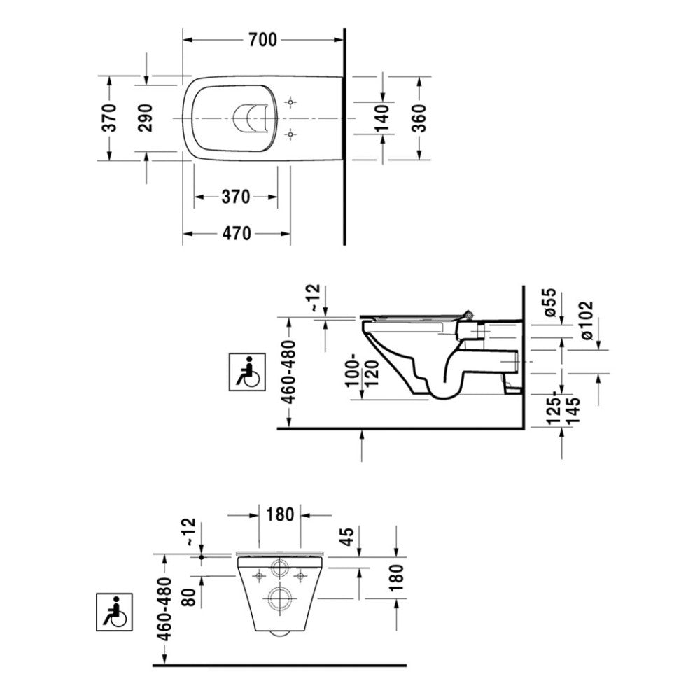 Vas WC dizabilitati suspendat Duravit Durastyle Rimless 37x70 cm evacuare orizontala