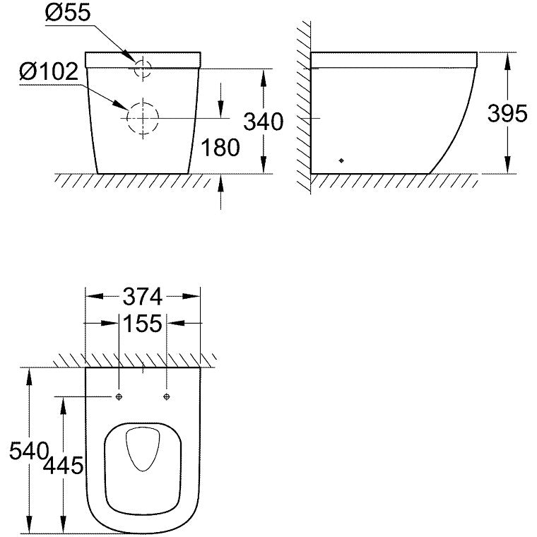 Vas WC pe pardoseala Grohe Euro Ceramic Rimless 37x54 cm evacuare orizontala sau verticala, lipit de perete