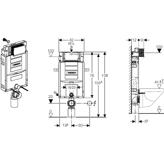 Geberit Kombifix Sigma Rezervor incastrat 12 cm grosime, pentru WC suspendat, H108 cm