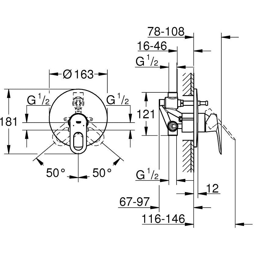 Grohe BauLoop Baterie cada dus, incastrata