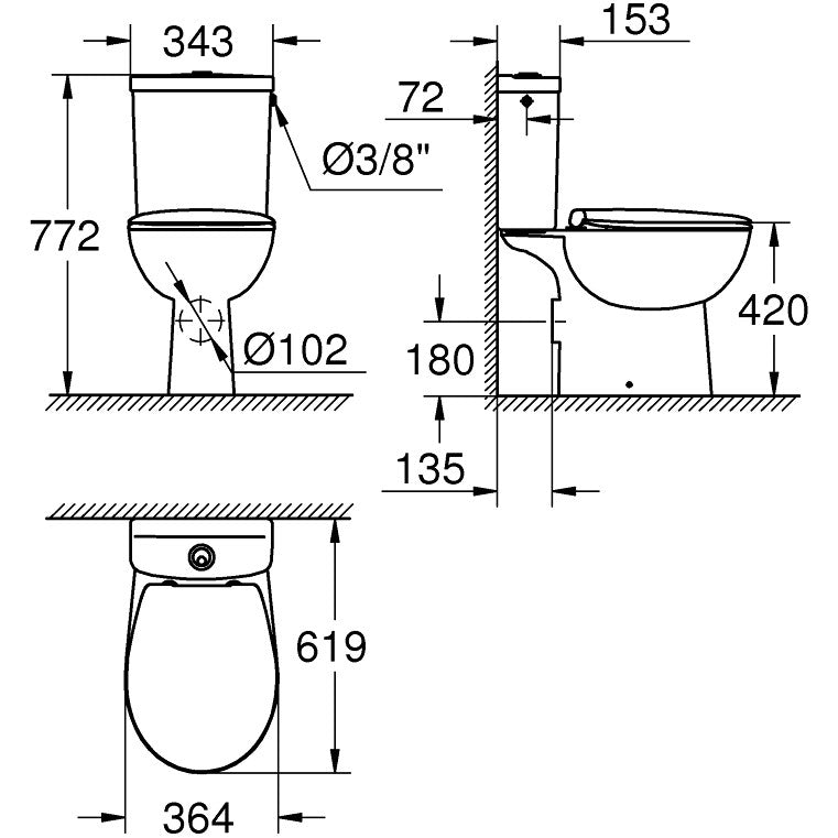 Set Vas WC pe pardoseala cu rezervor aparent si capac soft close Grohe Bau Ceramic 36x62 cm evacuare orizontala