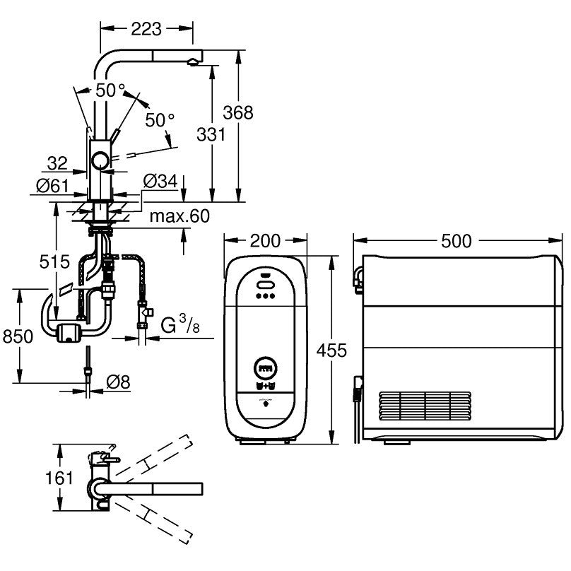 Grohe Blue Home Ondus Baterie de bucatarie cu sistem de filtrare, racire si acidulare, pipa L si dus extractibil, crom